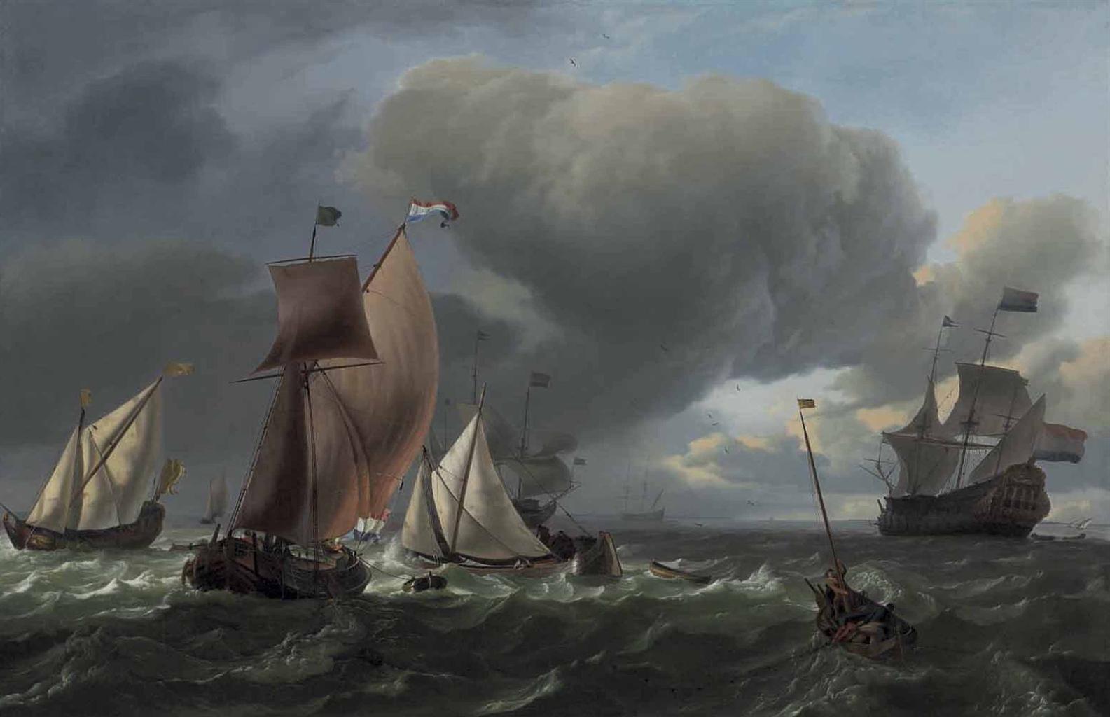 Ludolf Bakhuizen - A wijdschip, a smalschip and a state yacht tacking, with fishermen in a pink drawing in their nets in the foreground, the man-o’-war ‘Bruinvisch’ lowering sails beyond