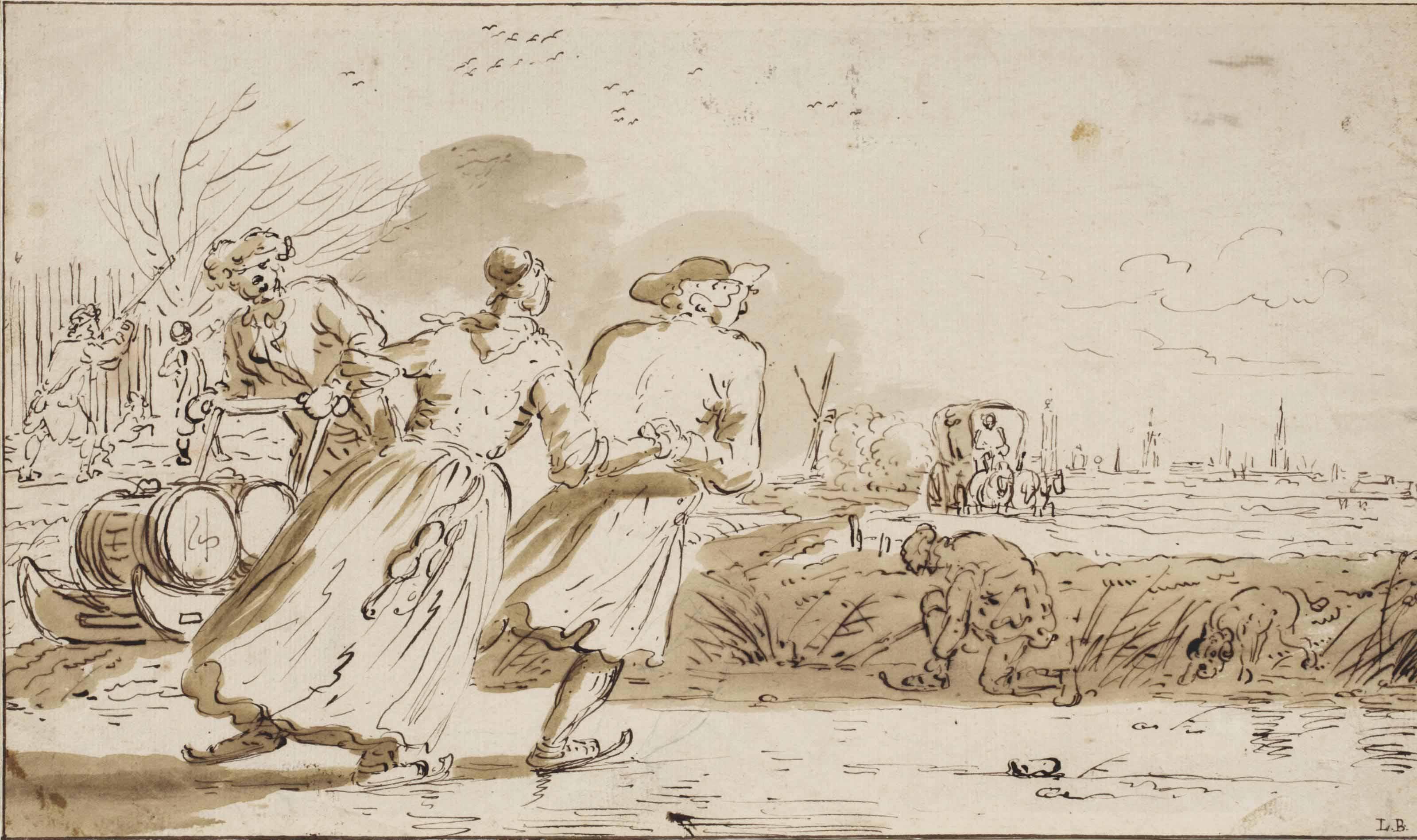 Ludolf Bakhuizen - A winter landscape with skaters on a frozen river