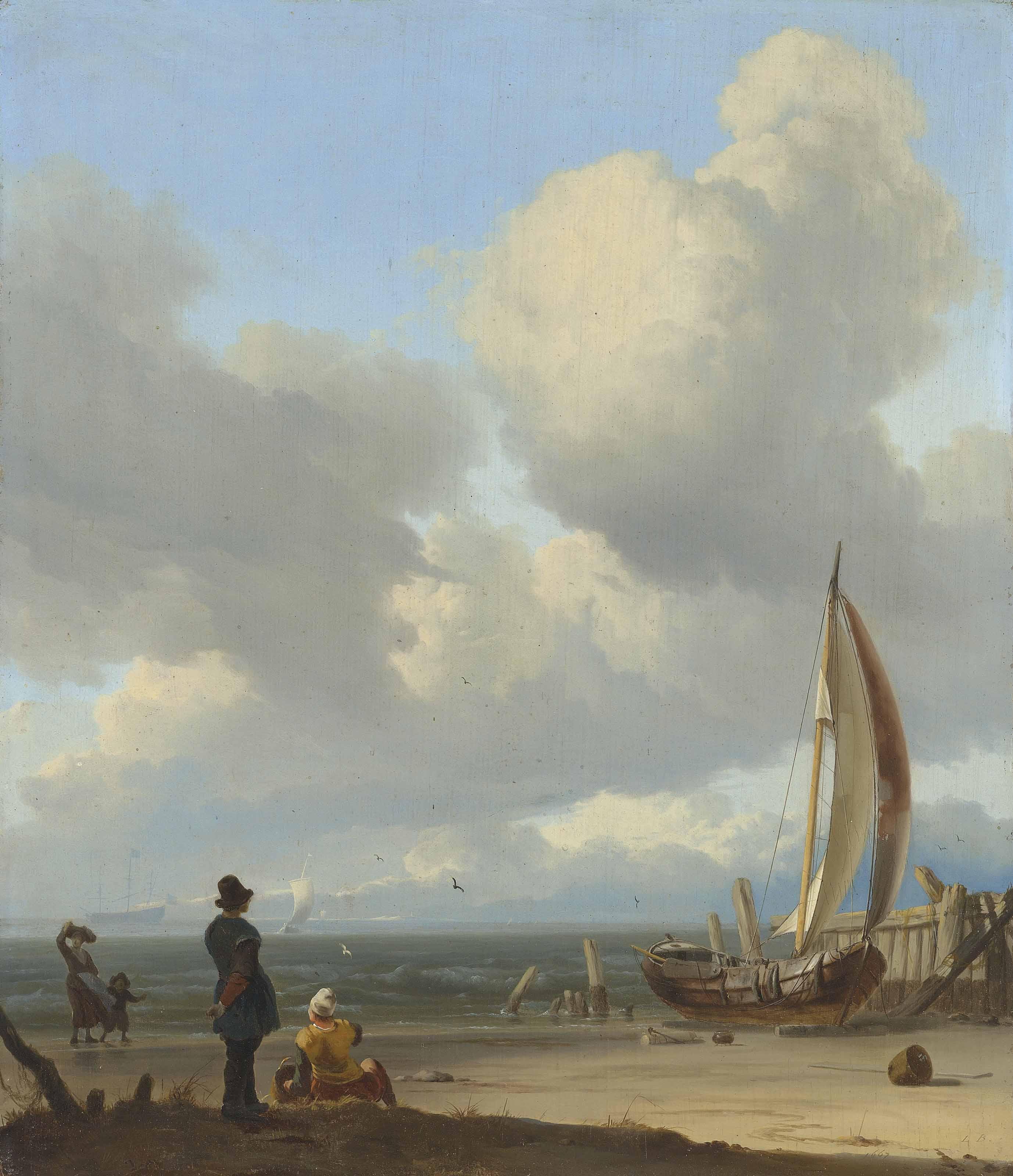 Ludolf Bakhuizen - An Extensive Seascape With Figures By A Boat On A Shore