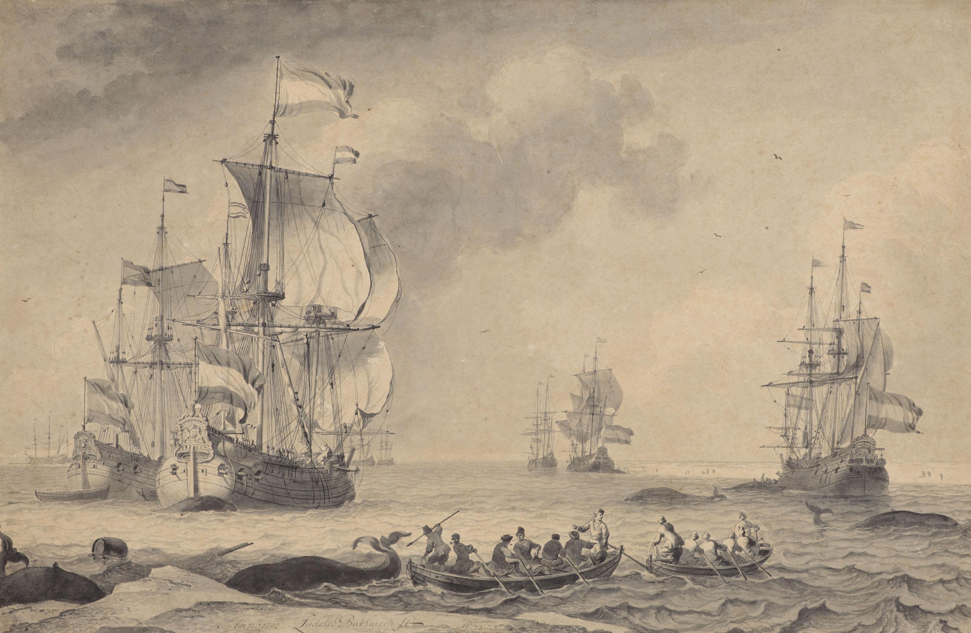 Ludolf Bakhuizen - Chasse à la baleine, des voiliers à l\'arrière-plan