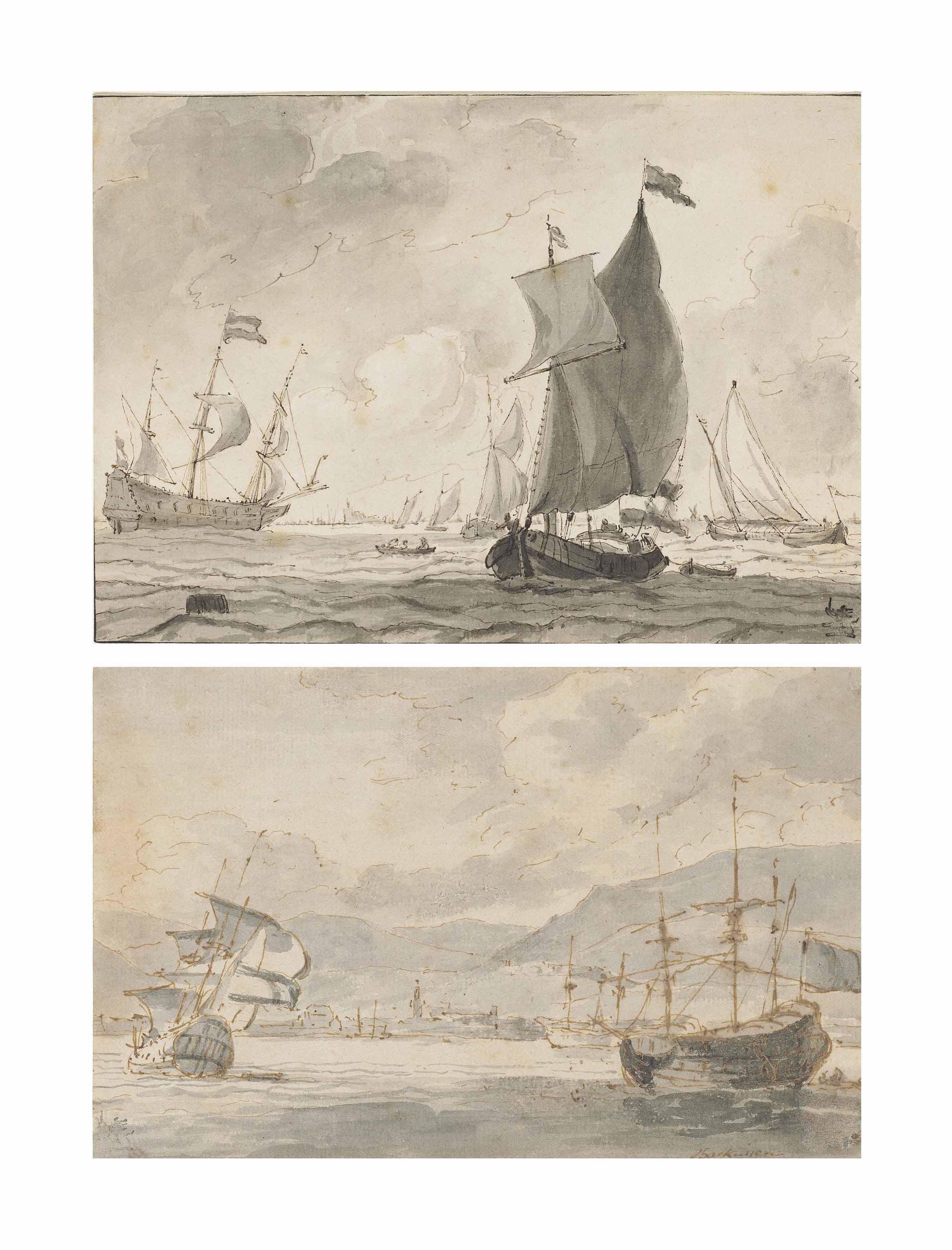 Ludolf Bakhuizen - Dutch shipping off a coast with a town in the distance; and Shipping off port with mountains behind