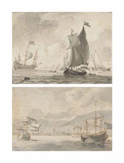 Ludolf Bakhuizen - Dutch shipping off a coast with a town in the distance; and Shipping off port with mountains behind