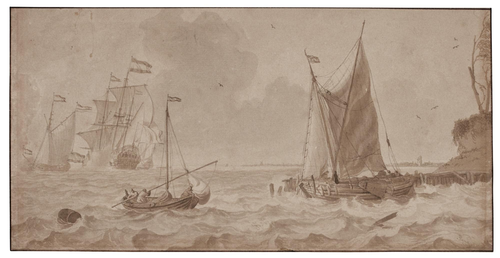 Ludolf Bakhuizen - Dutch Ships Off A Coast, A Ship Firing A Salute, And Small Boats In The Foreground 