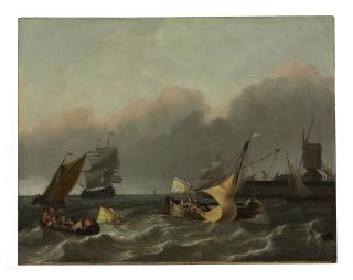 Ludolf Bakhuizen - Ships on the IJ River, off the Leeuwenberg jetty and the windmill \'De Bok\'
