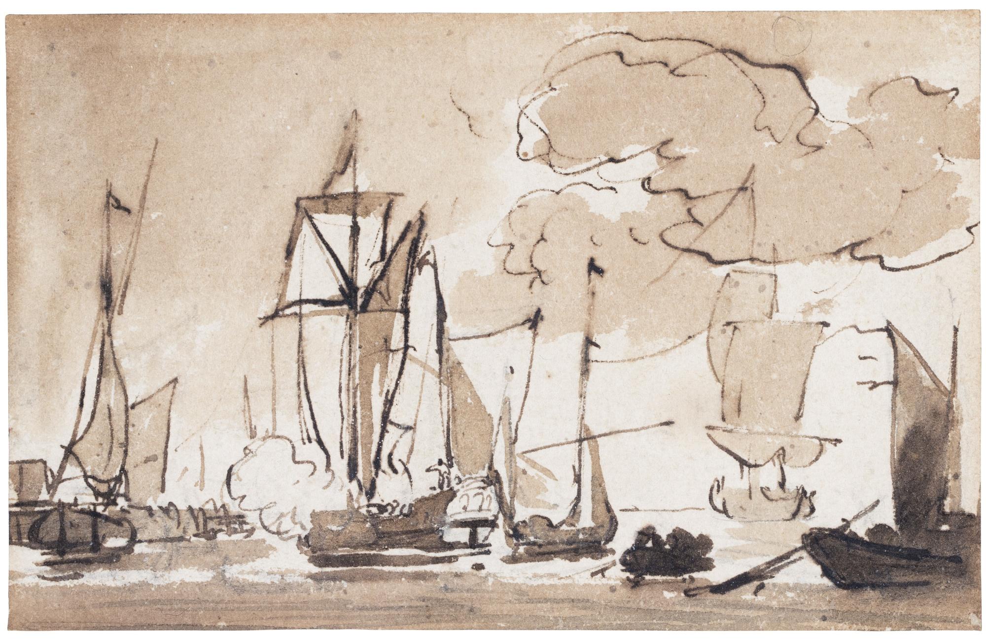 Ludolf Bakhuizen - Small Ships Off A Harbour Wall, A State Yacht Firing A Salute