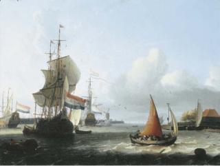 Ludolf Bakhuizen - The IJ, Amsterdam, with a ferryboat under full sail before a fluyt, Dutch men-o\'-war at anchor beyond