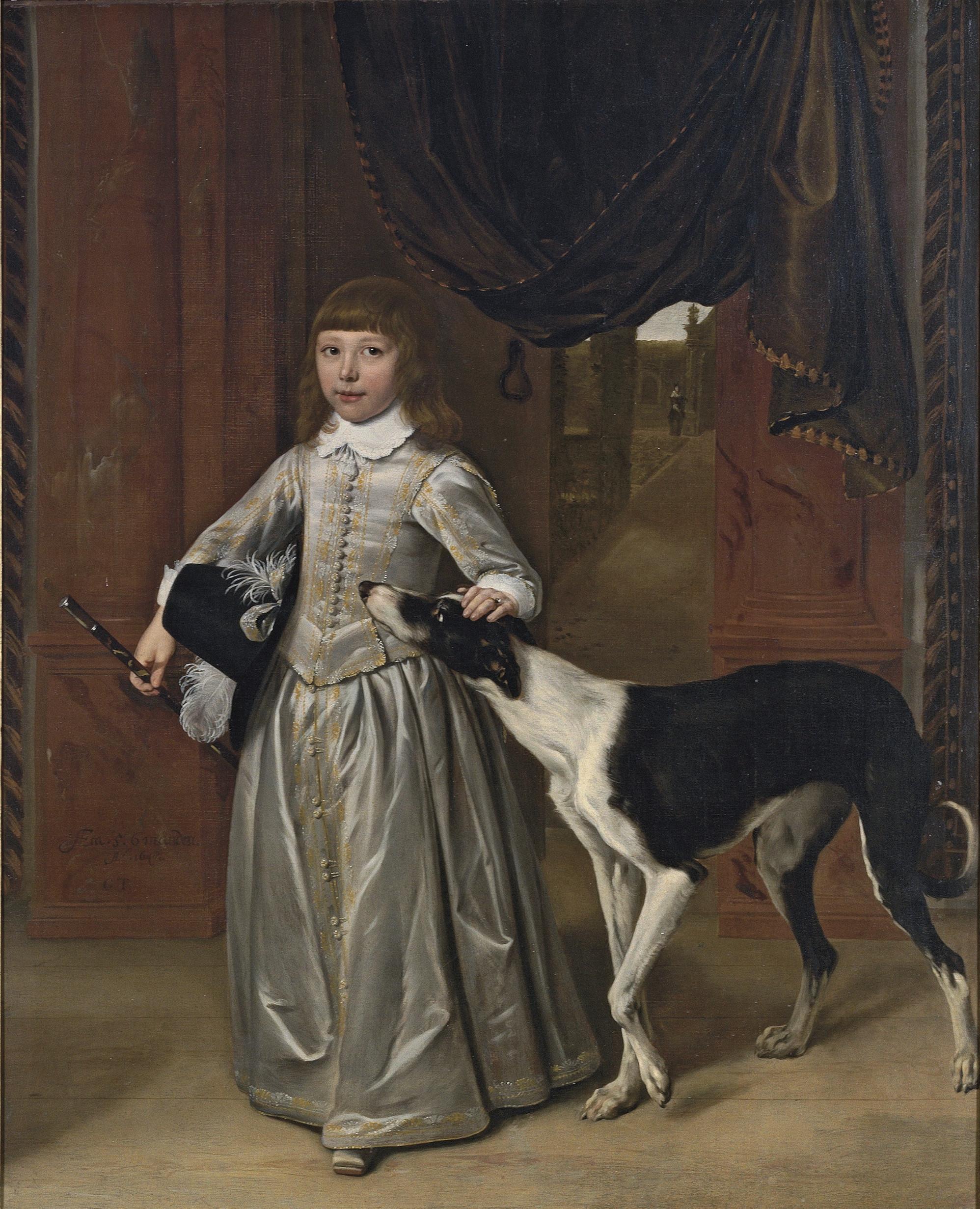 Ludolf de Jongh - Portrait of a boy, full-length, in a gold-embroidered grey costume with a feathered hat and a cane, his hand on the head of a lurcher, with a garden seen through the door behind