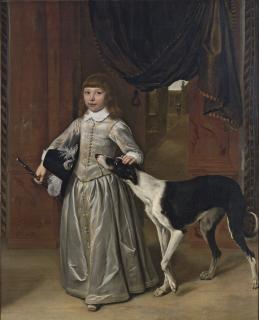 Ludolf de Jongh - Portrait of a boy, full-length, in a gold-embroidered grey costume with a feathered hat and a cane, his hand on the head of a lurcher, with a garden seen through the door behind