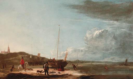 Ludolf de Jongh - The beach at Scheveningen, with fisherfolk displaying their catch