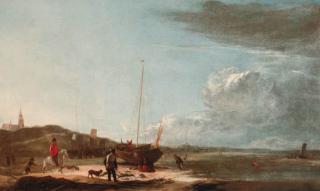 Ludolf de Jongh - The beach at Scheveningen, with fisherfolk displaying their catch