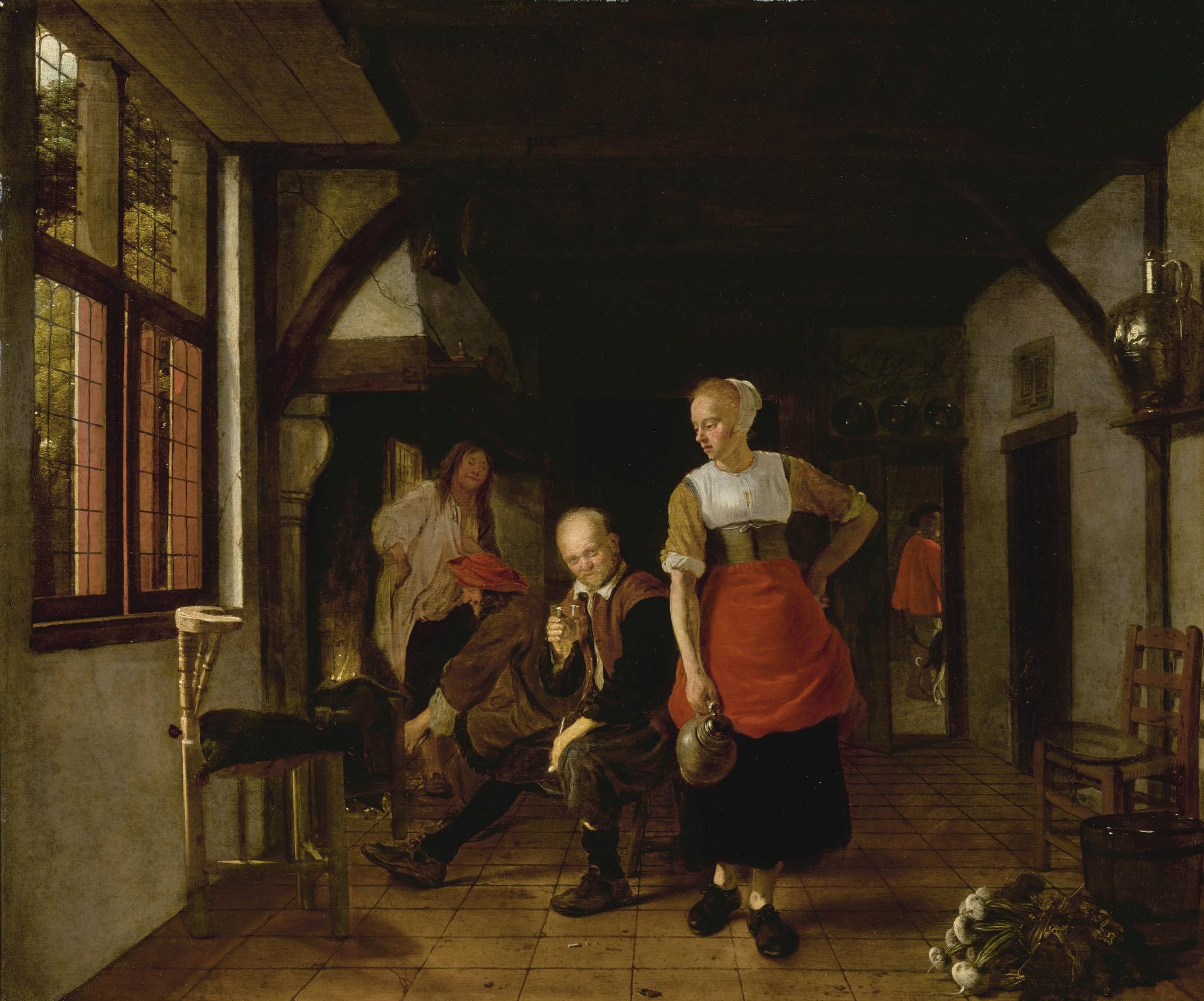 Ludolph De Jongh - An Interior With A Maid Holding A Jug And Three Men Beside A Fire