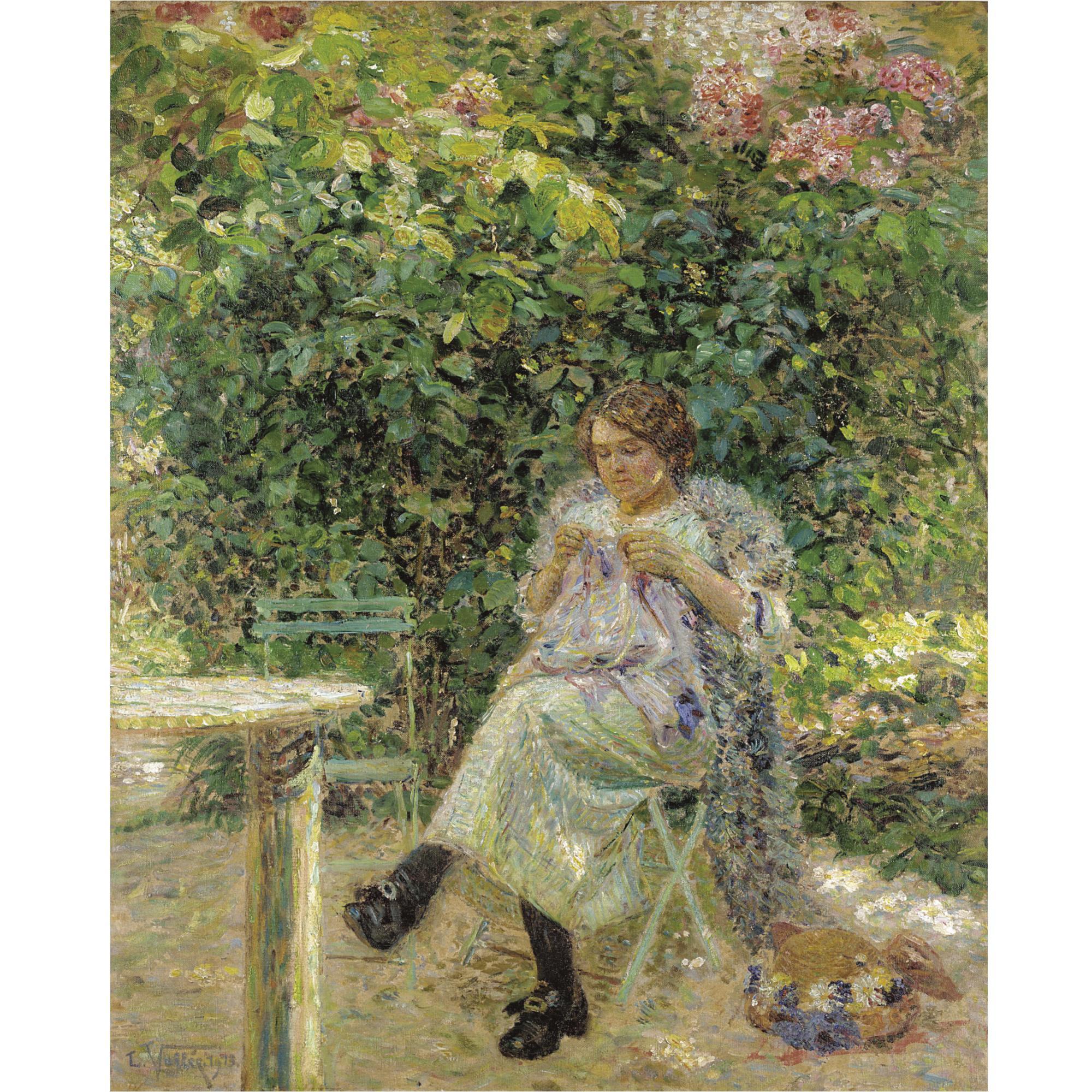 Ludovic Vallée - Femme A Sa Couture Assise Dans Un Jardin
