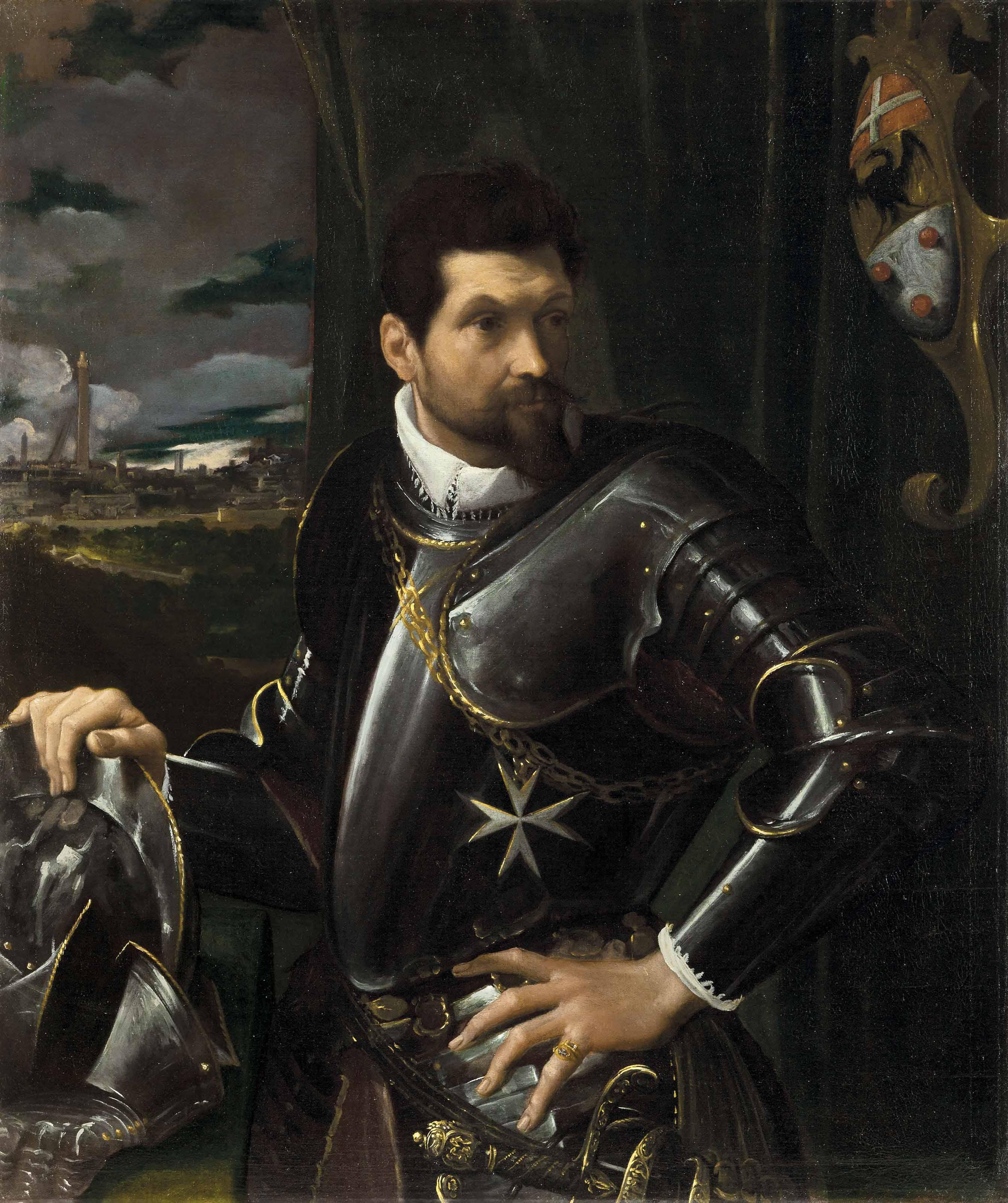 Ludovico Carracci - Portrait of Carlo Alberto Rati Opizzoni in armour, three-quarter-length, wearing the Order of the Knights of Malta, the city of Bologna beyond