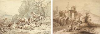 Ludwig Adrian Richter - A shepherd and shepherdess with their flock in an extensive mountainous landscape; and Cattle and herdsmen on a road, ruins beyond, after Jan Both
