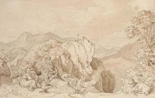 Ludwig Adrian Richter - An extensive mountain landscape with herdsmen making music