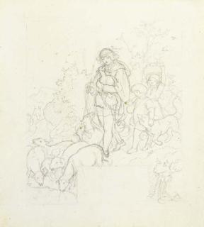 Ludwig Adrian Richter - The Return of the Shepherds (recto); Figure studies (verso)