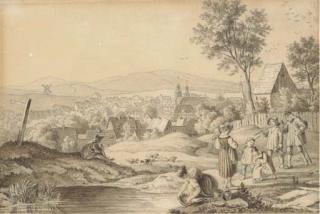 Ludwig Adrian Richter - View of Clausthal-Zellerfeld with figures by a pond in the foreground