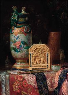 Ludwig Augustin - Oriental treasures on a draped table