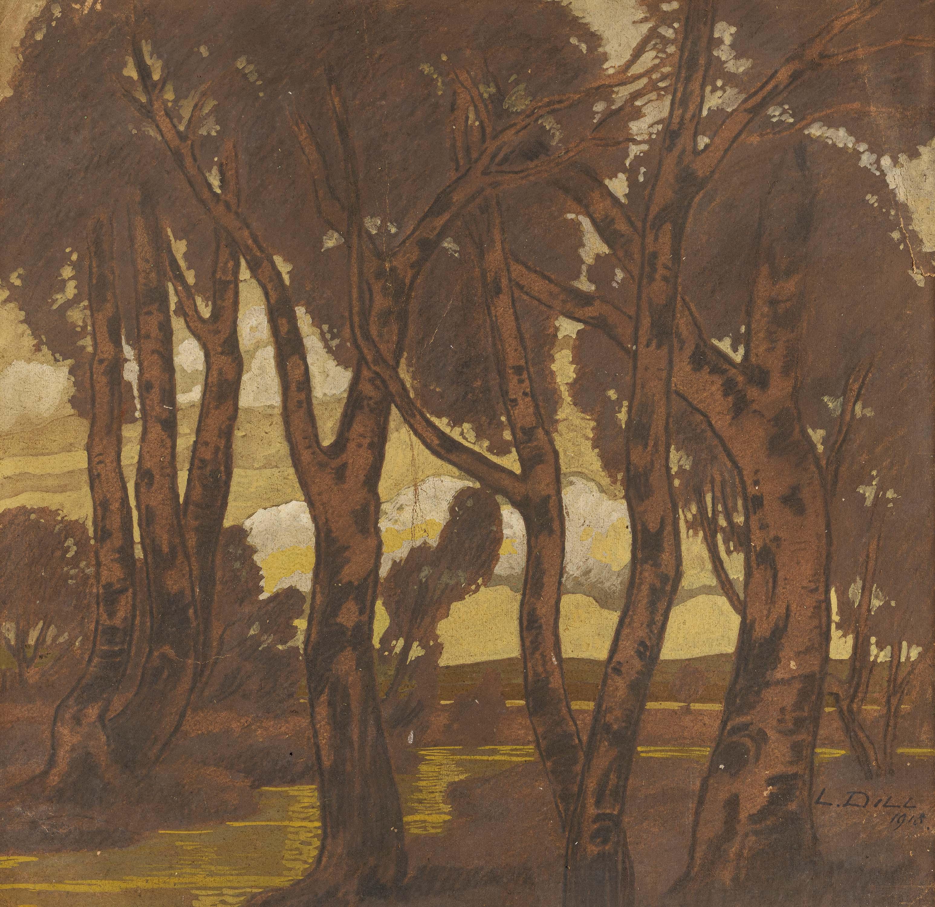 Ludwig Dill - Flusslandschaft mit Birken.