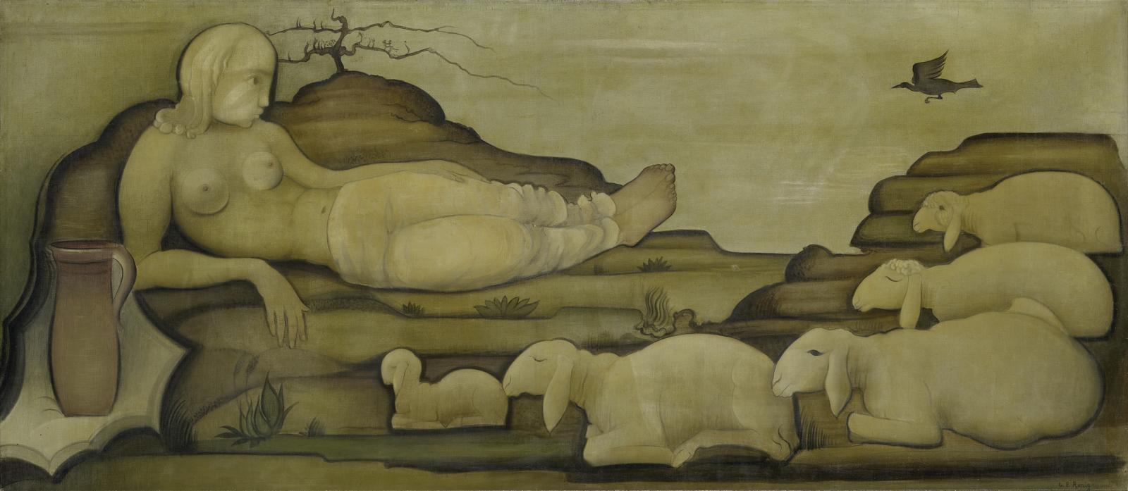 Ludwig E. Ronig - Liegende junge Frau mit Schafen