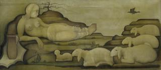 Ludwig E. Ronig - Liegende junge Frau mit Schafen