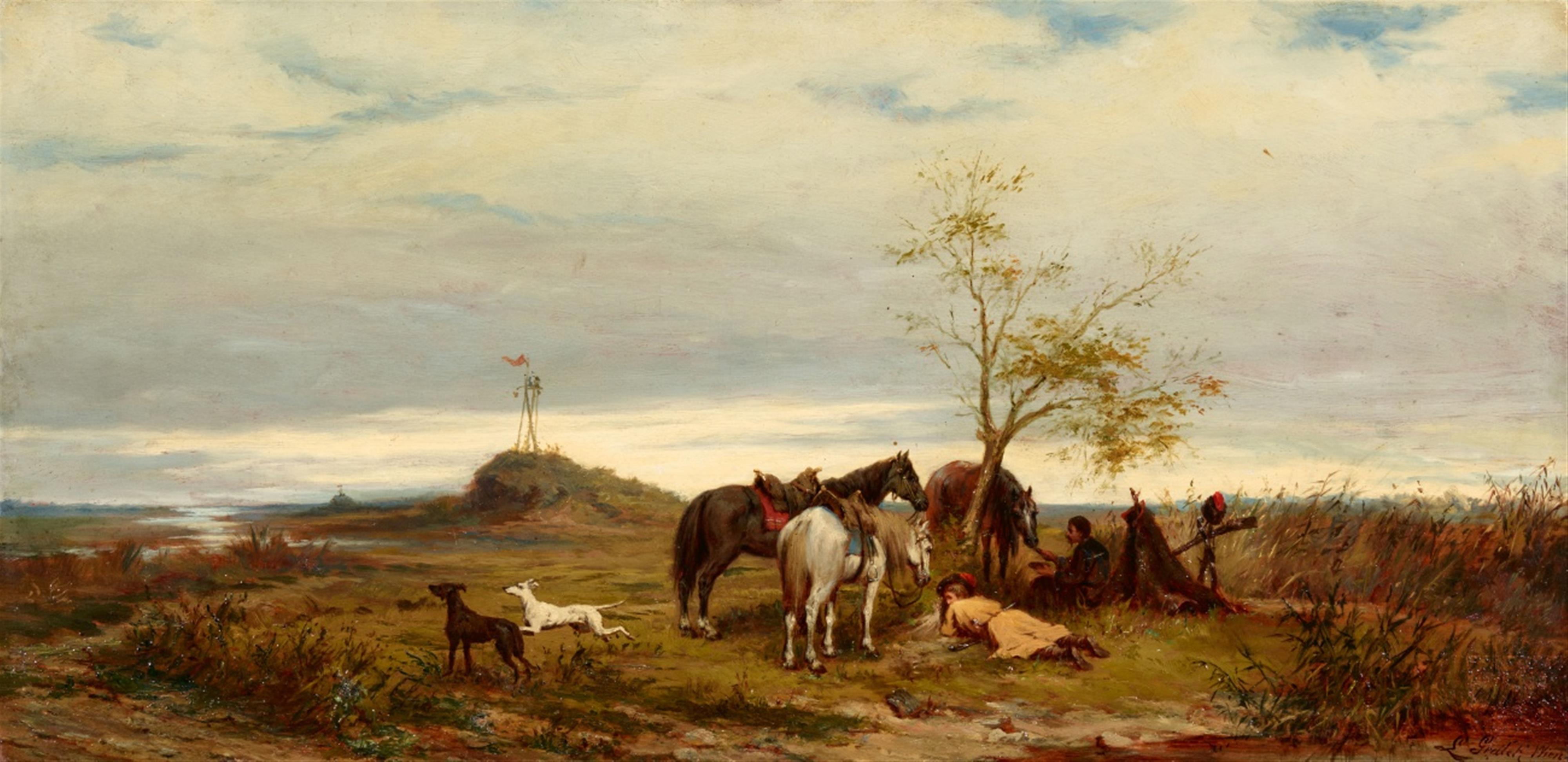Ludwig Gedlek - Landschaft mit rastenden Husaren