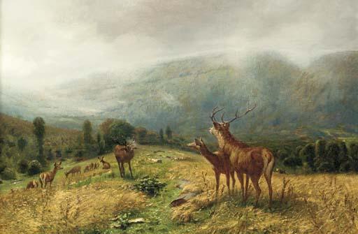 Ludwig Gustav Voltz - Stags in an extensive landscape