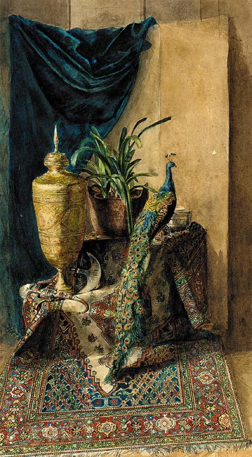 Ludwig Hans Fischer - A peacock on a Turkish rug with an oriental urn and a plant