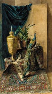 Ludwig Hans Fischer - A peacock on a Turkish rug with an oriental urn and a plant