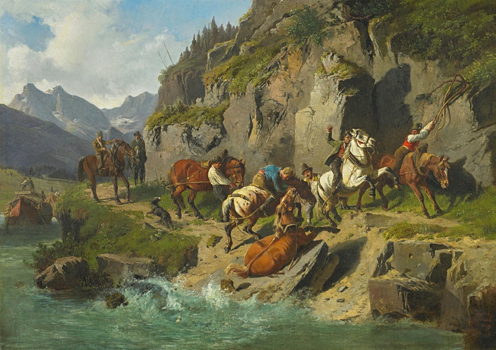 Ludwig Hartmann - Schiffsknechte mit ihren Pferden auf dem Leinpfad.