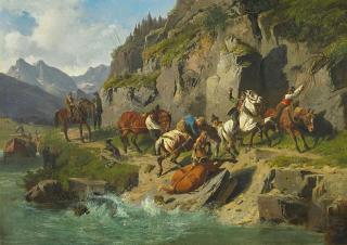 Ludwig Hartmann - Schiffsknechte mit ihren Pferden auf dem Leinpfad.