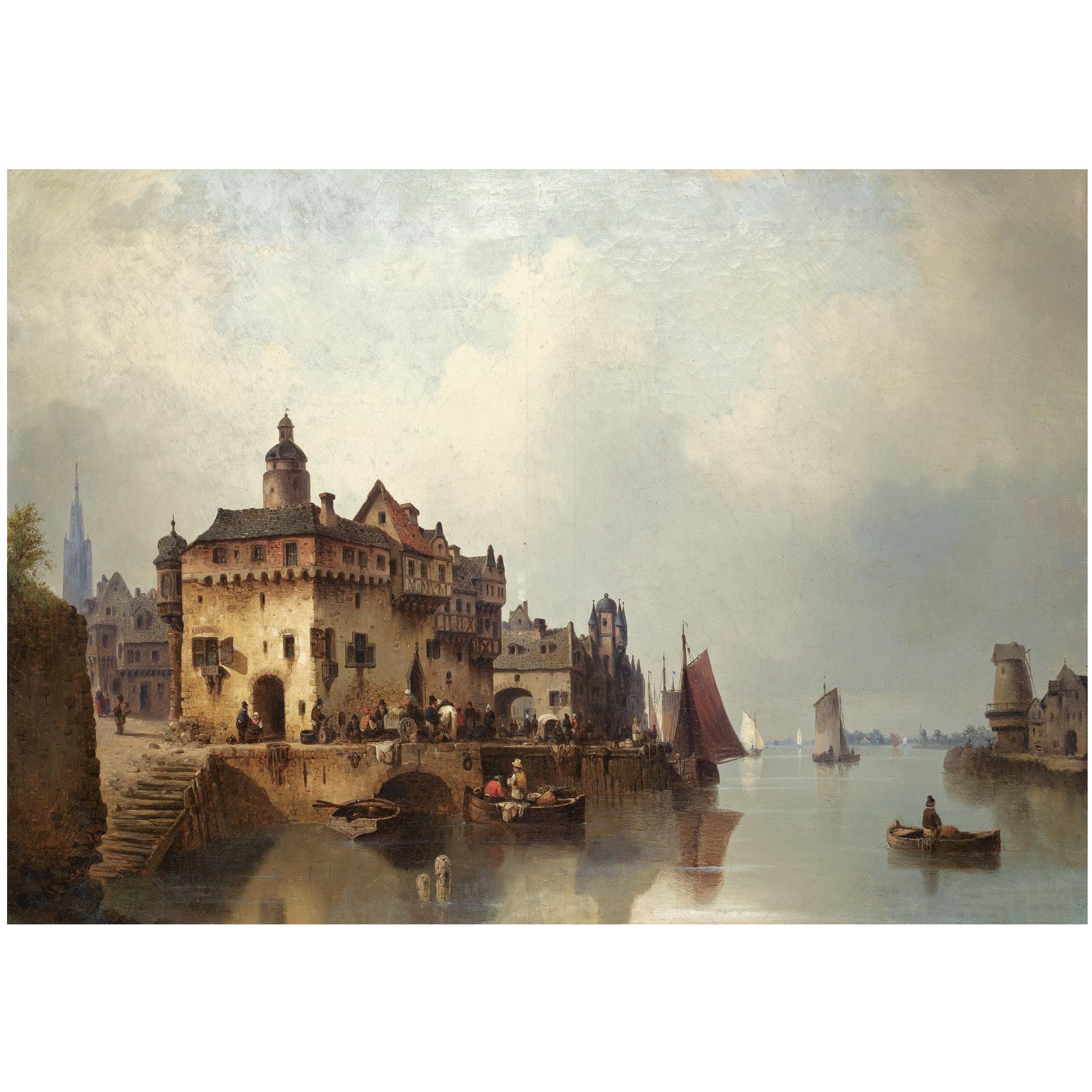 Ludwig Hermann - German Figures On A Busy Quay Of A Riverside Town