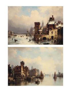 Ludwig Hermann - Skaters On A Frozen Waterway; And Boats On A Waterway In A Northern European Town