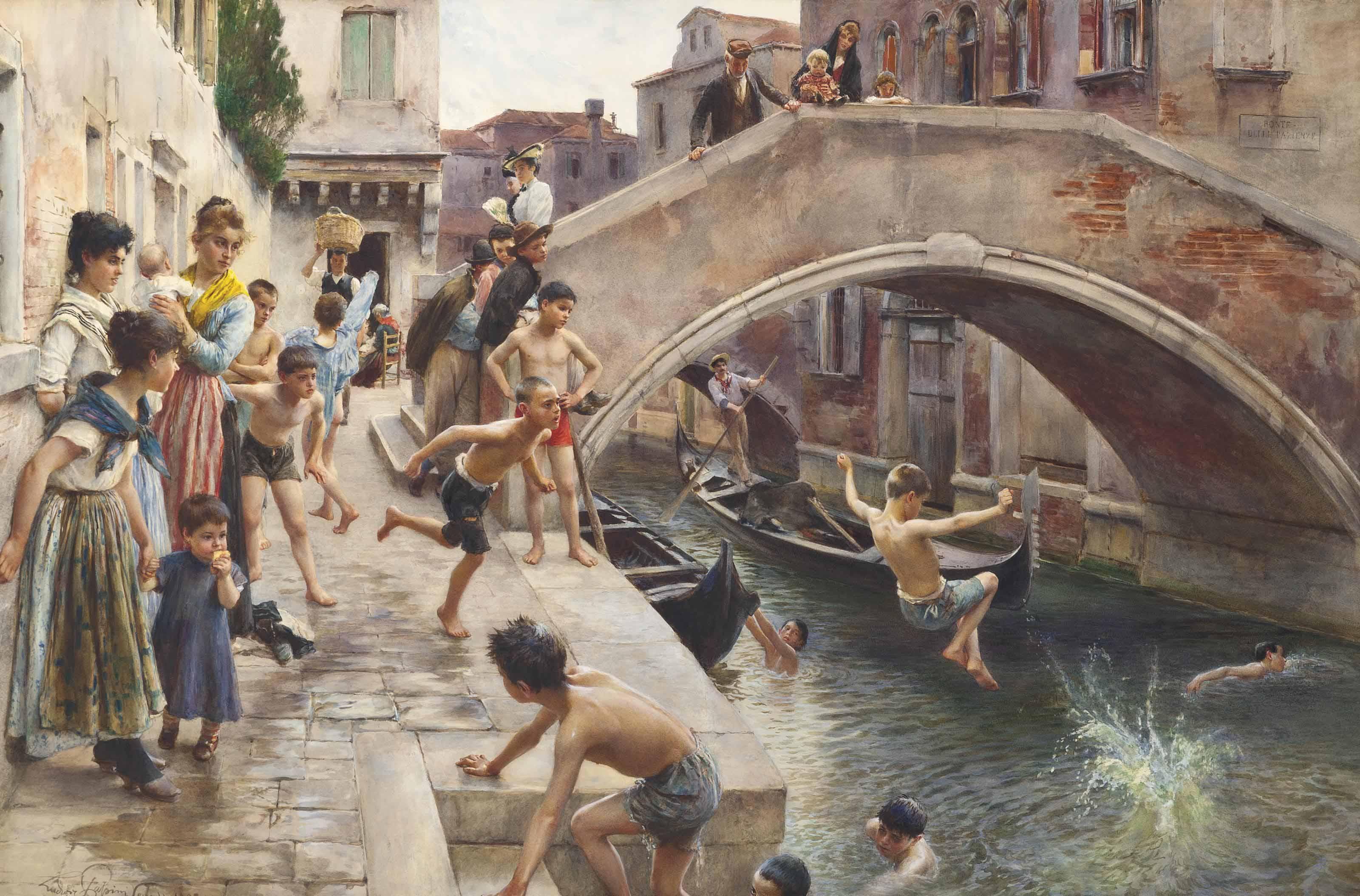 Ludwig Johann Passini - Children leaping into a Venetian Canal