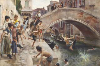 Ludwig Johann Passini - Children leaping into a Venetian Canal
