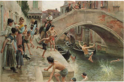 Ludwig Johann Passini - Figures on a Venetian canal