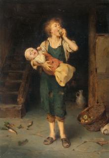 Ludwig Knaus - Schusterjunge als Kindermädchen (Der saure Apfel)