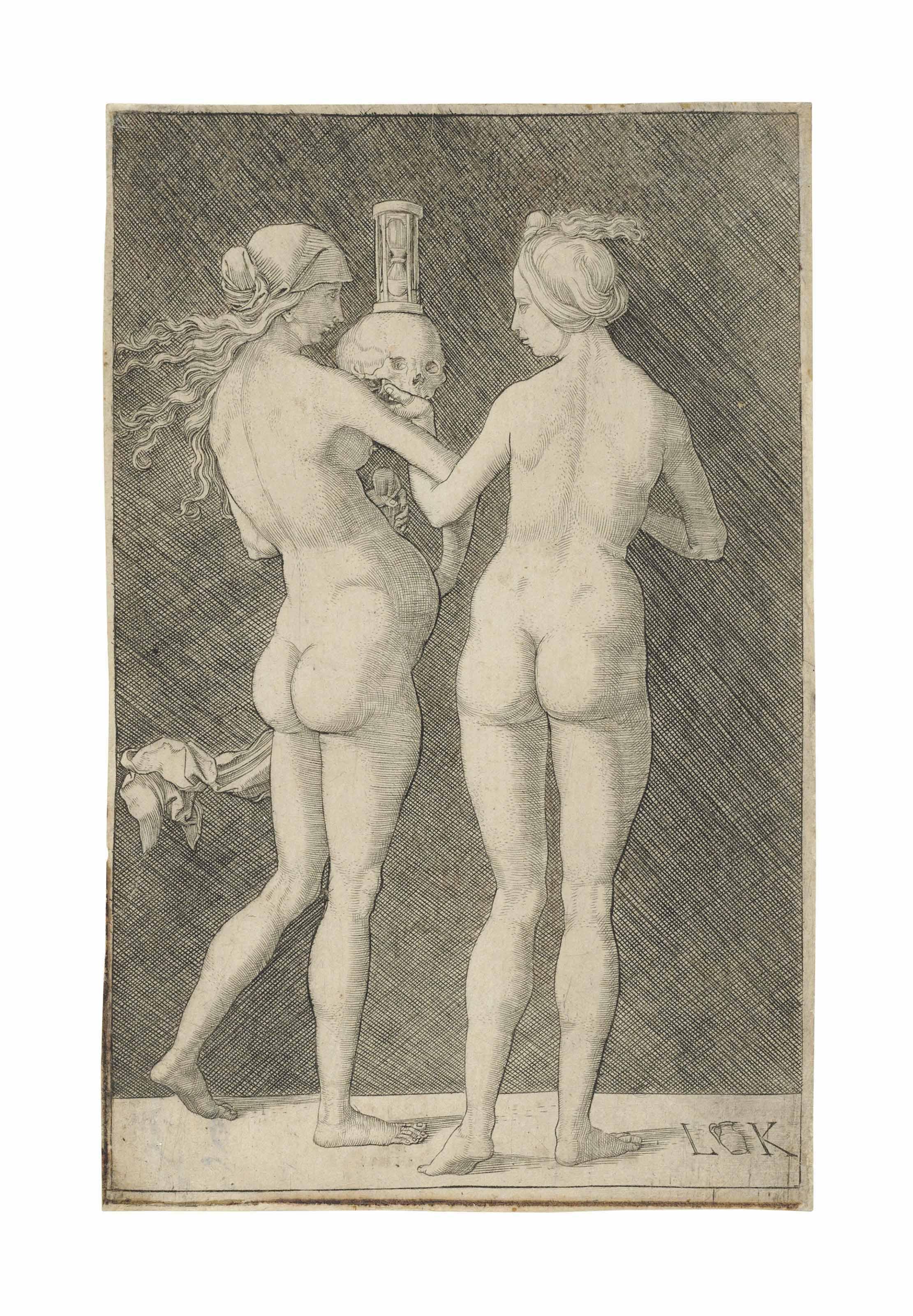 Ludwig Krug - Two nude Women with a Skull and Hourglass