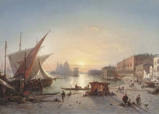 Ludwig Mecklenburg - Ships Docked at the Riva degli Schiavoni with Palazzo Ducale and Santa Maria della Salute, Venice