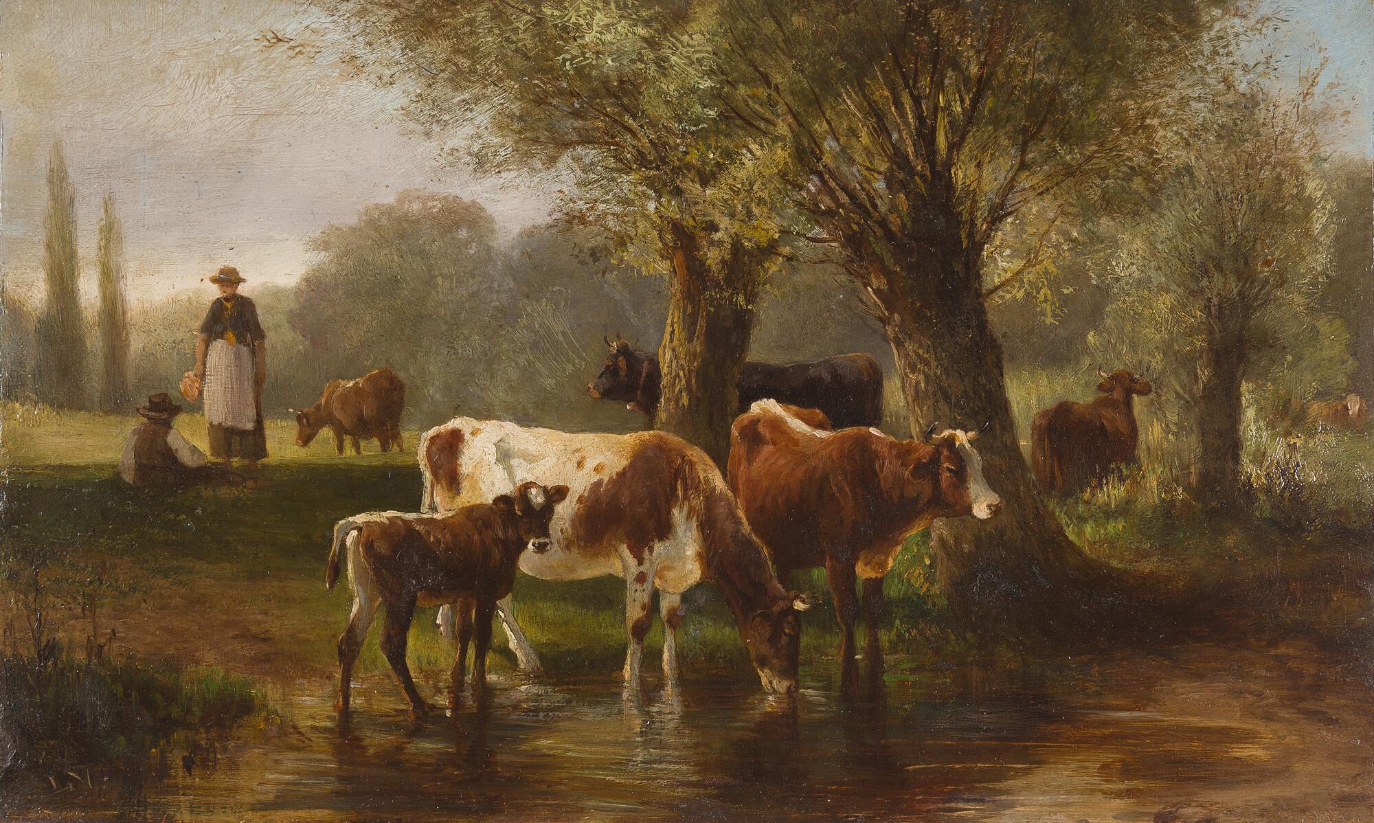 Ludwig Voltz - Kühe an der Tränke mit rastendem Hirtenpaar.