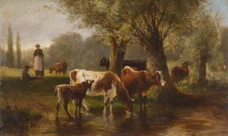 Ludwig Voltz - Kühe an der Tränke mit rastendem Hirtenpaar.