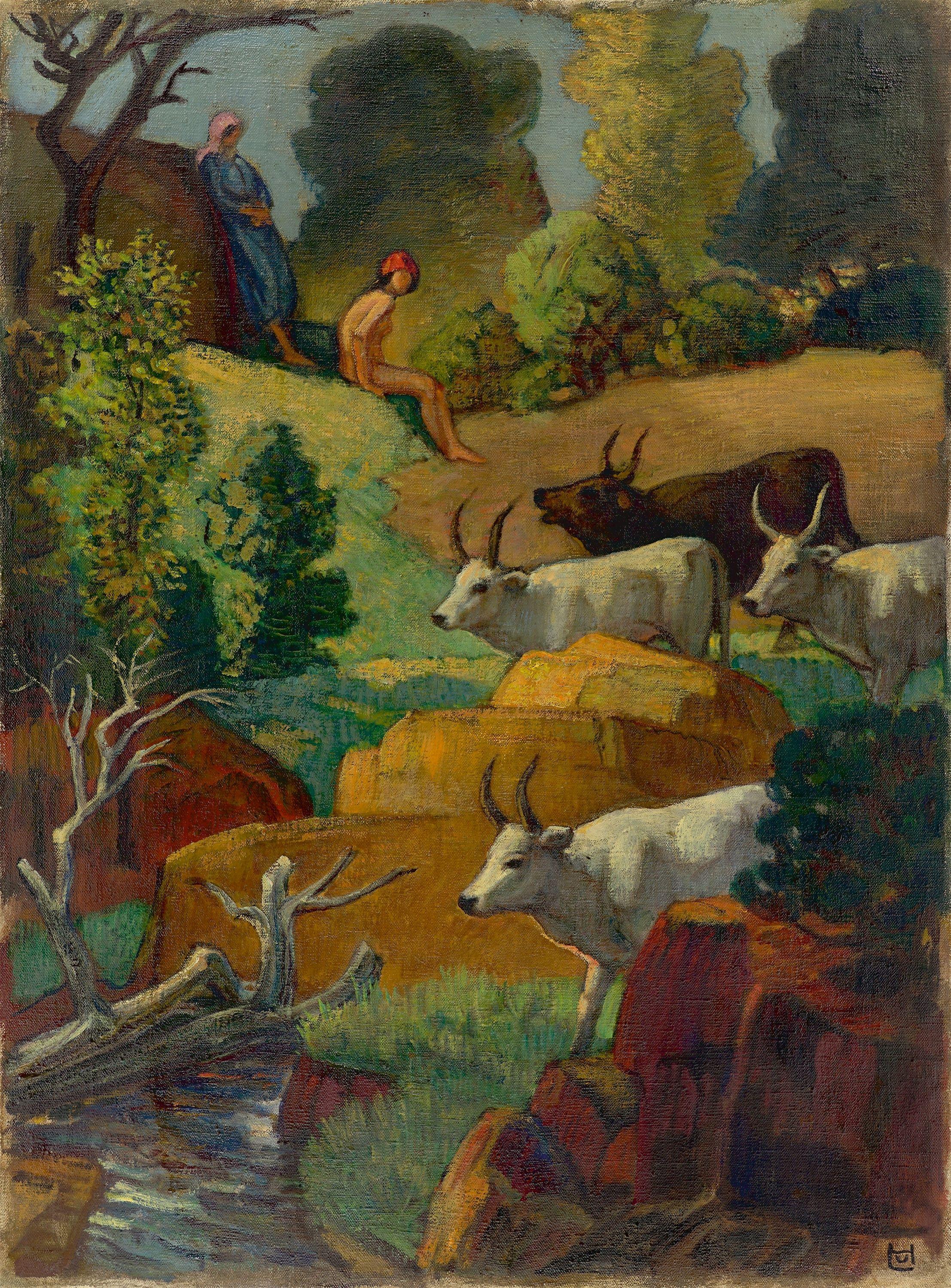 Rinder an der Tränke. by Ludwig von Hofmann