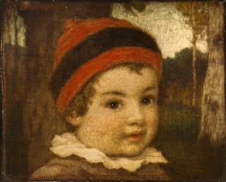 Ludwig von Zumbusch - Kind mit roter Mütze vor einem Birkenwald.