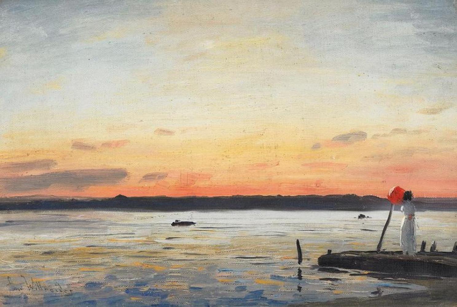 Ludwig Willroider - Dame mit rotem Schirm am Bootssteg