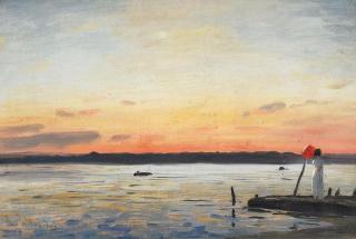 Ludwig Willroider - Dame mit rotem Schirm am Bootssteg