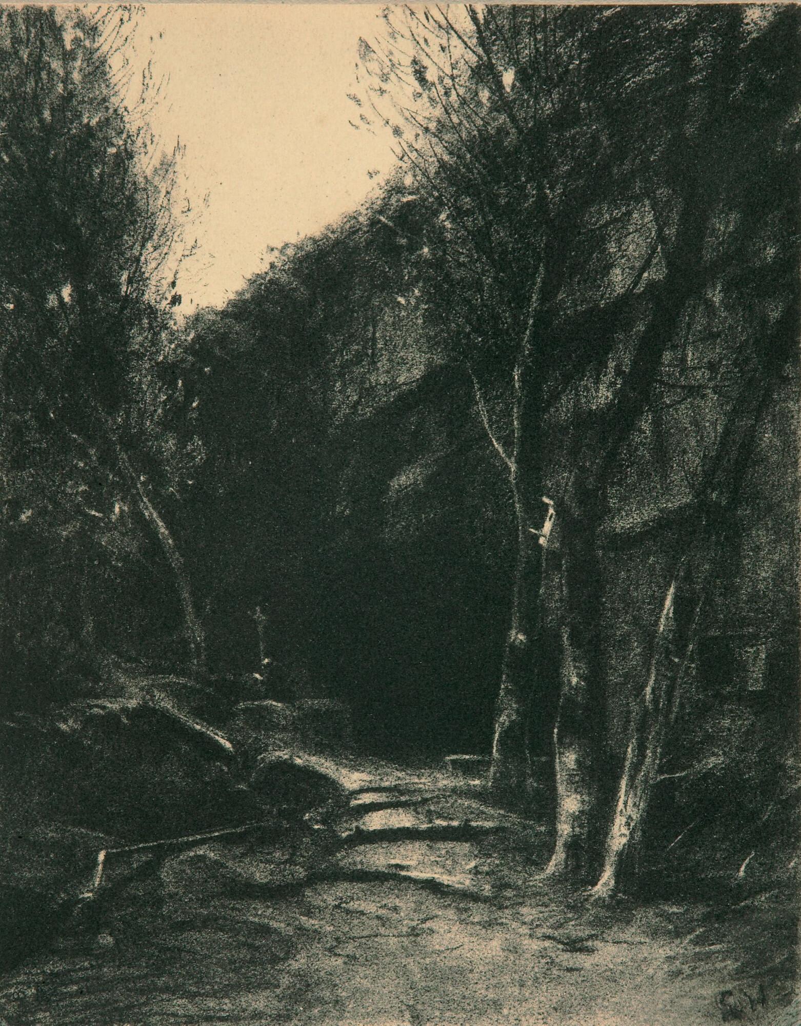 Ludwig Willroider - Waldige Landschaft mit einem Kreuz am Wegesrand.