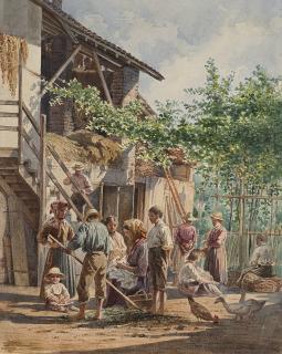 Luigi Bartezago - Nel cortile della cascina. Dal vero