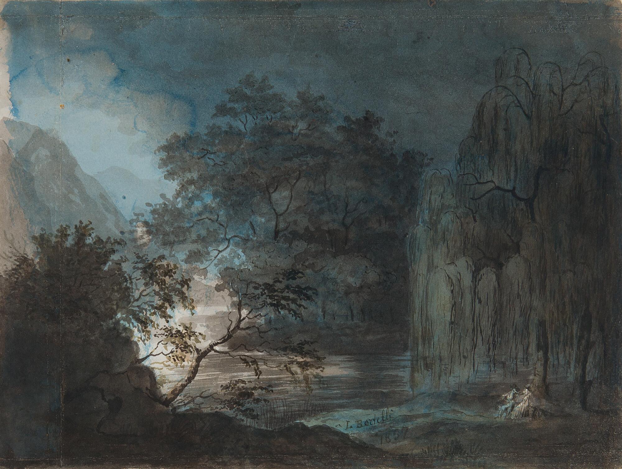 Luigi Bertelli - Flusslandschaft im Mondlicht. Verso: Fabelwesen.