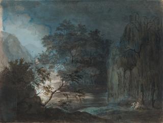 Luigi Bertelli - Flusslandschaft im Mondlicht. Verso: Fabelwesen.