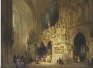 Luigi Bisi - A Cathedral Interior With Figures At Mass
